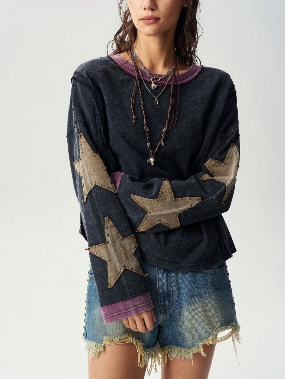 Multicolor Casual Women's Grunge Knit Crew Neck Long Sleeve Loose Fit T-Shirt